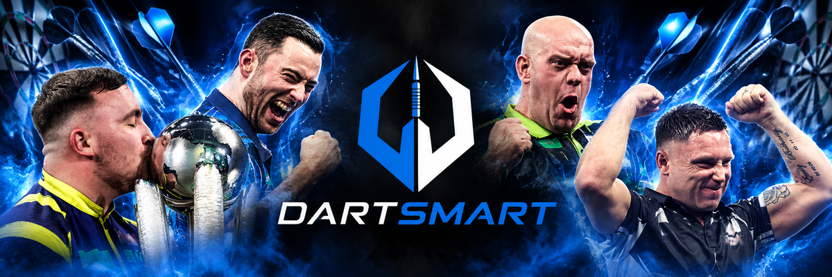 DartSmart logo with Luke Littler, Luke Humphries, Michael van Gerwen and Gerwyn Price against a black and blue darts collage.