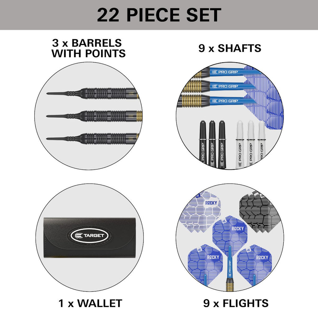 Josh Rock Brass Soft Tip Darts Set including 3 barrels and dart points, 9 shafts, 1 darts case and 9 flights
