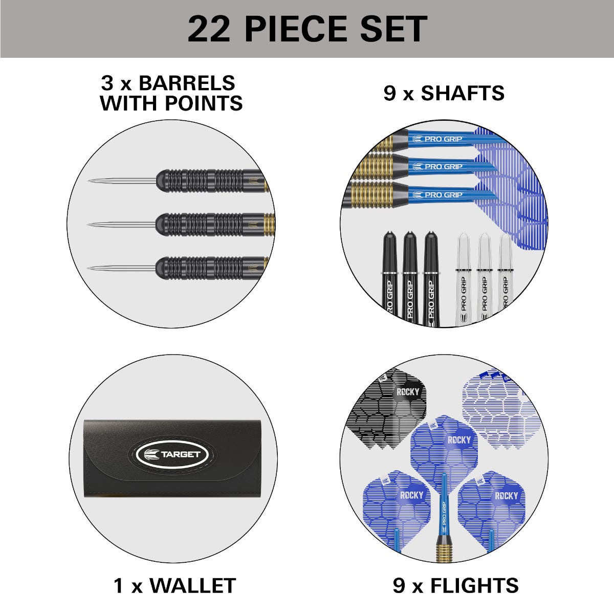 Josh Rock Brass Darts Set including 3 barrels, 3 points, 9 shafts, 1 dart case and 9 dart flights