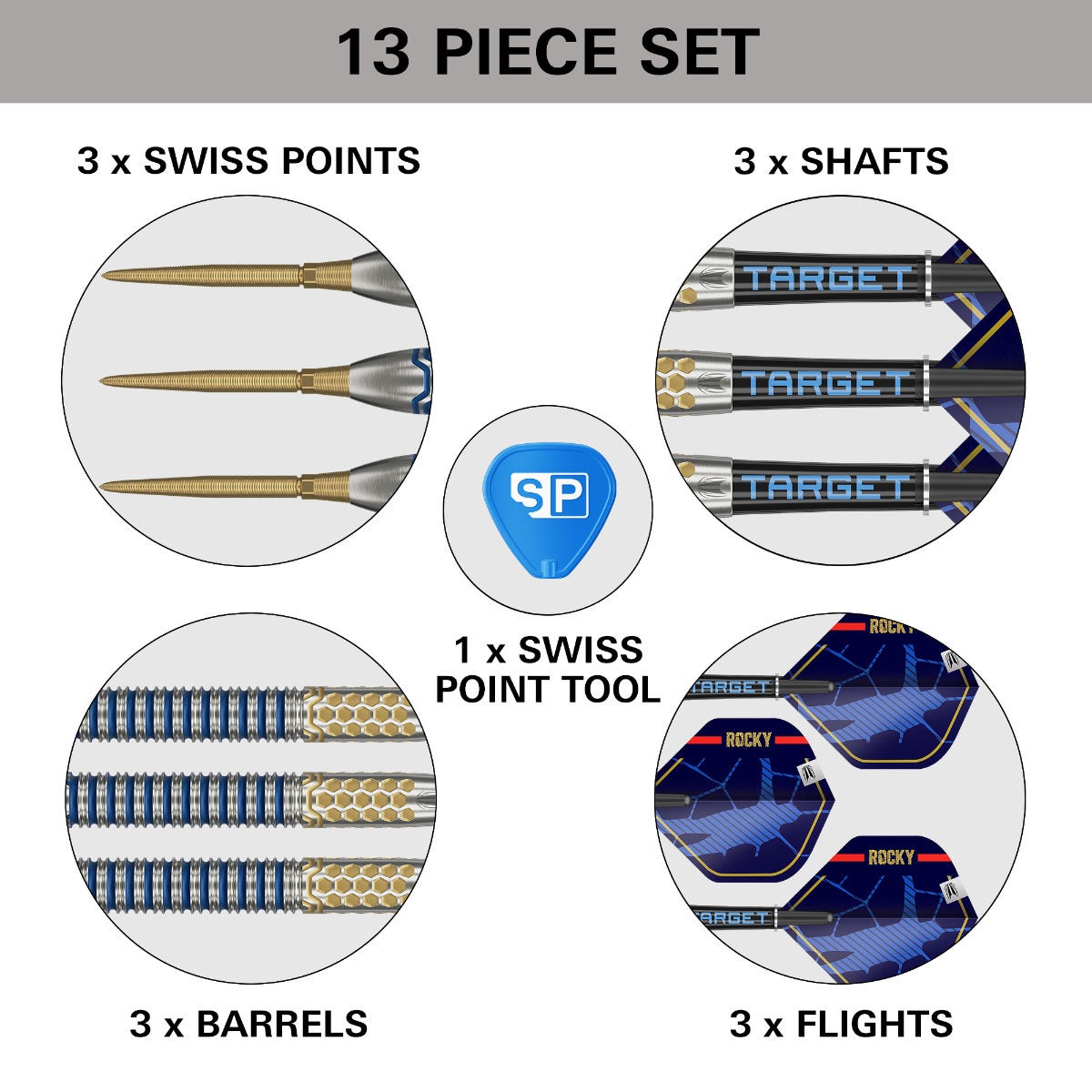 Josh Rock G1 Swiss Point Darts Set with 3 swiss points, 3 shafts, 1 swiss tool, 3 dart barrels and 3 dart flights