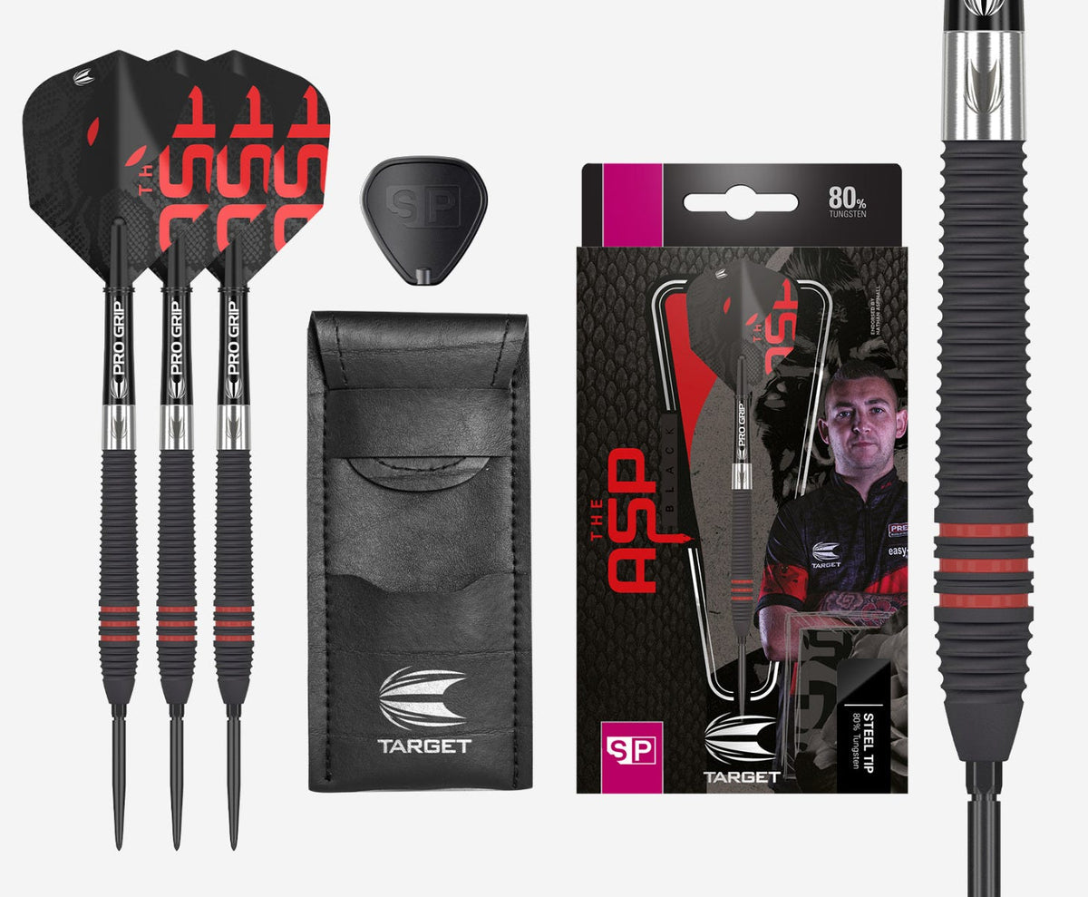 Target Darts Nathan Aspinall 80% Black Swiss Point Steel Tip Darts Set Box Contents - Main Image