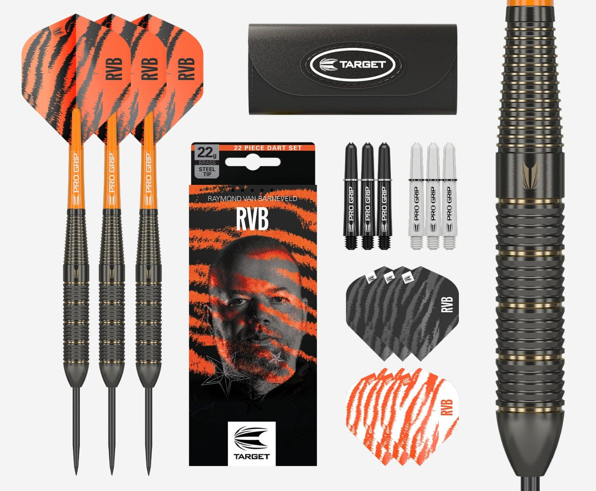 Raymond Van Barneveld RVB Brass Steel Tip Darts Set Box Contents - Main Image