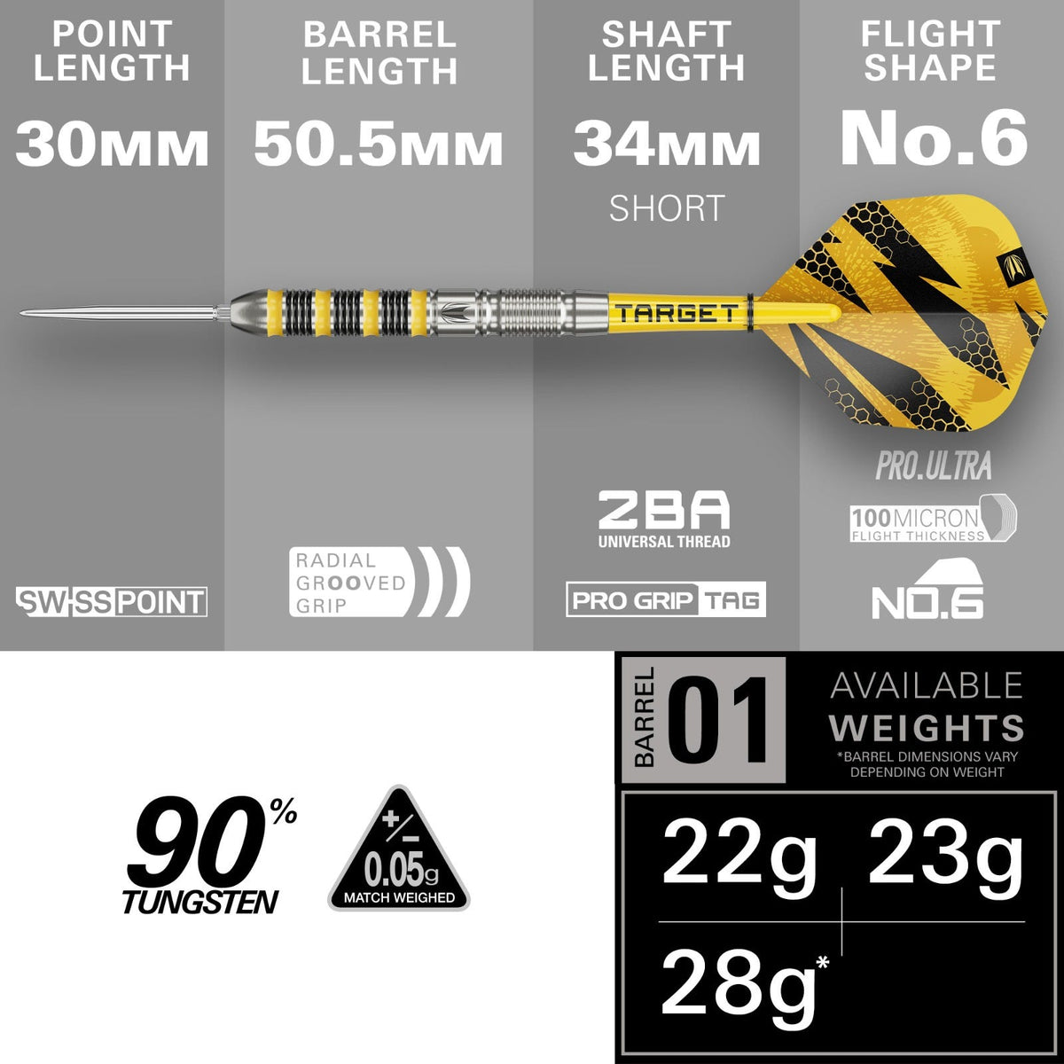 BUZZ 90% SP01 Steel Tip Dart 2026 - size guide