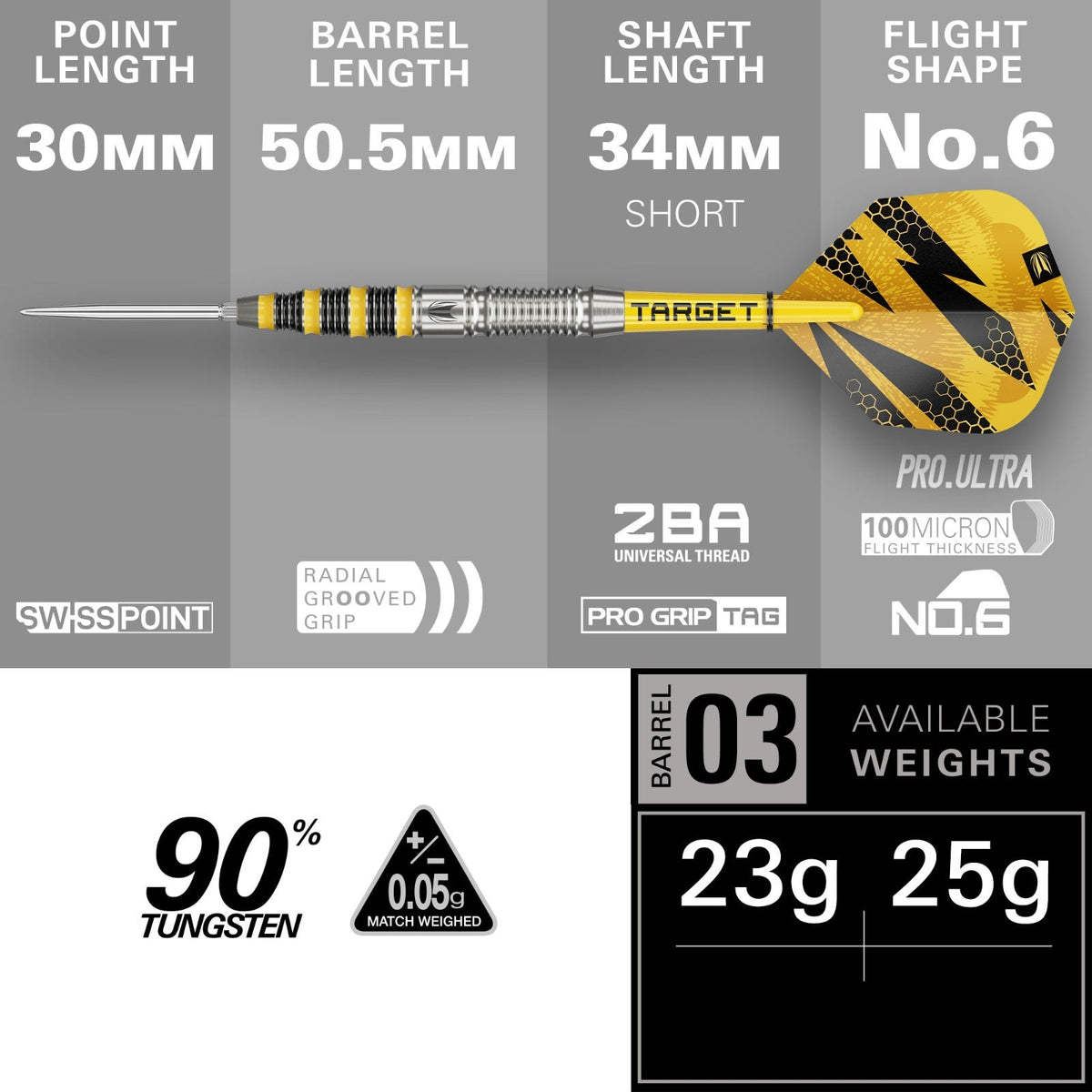 BUZZ 90% SP03 Steel Tip Dart 2026 - size guide