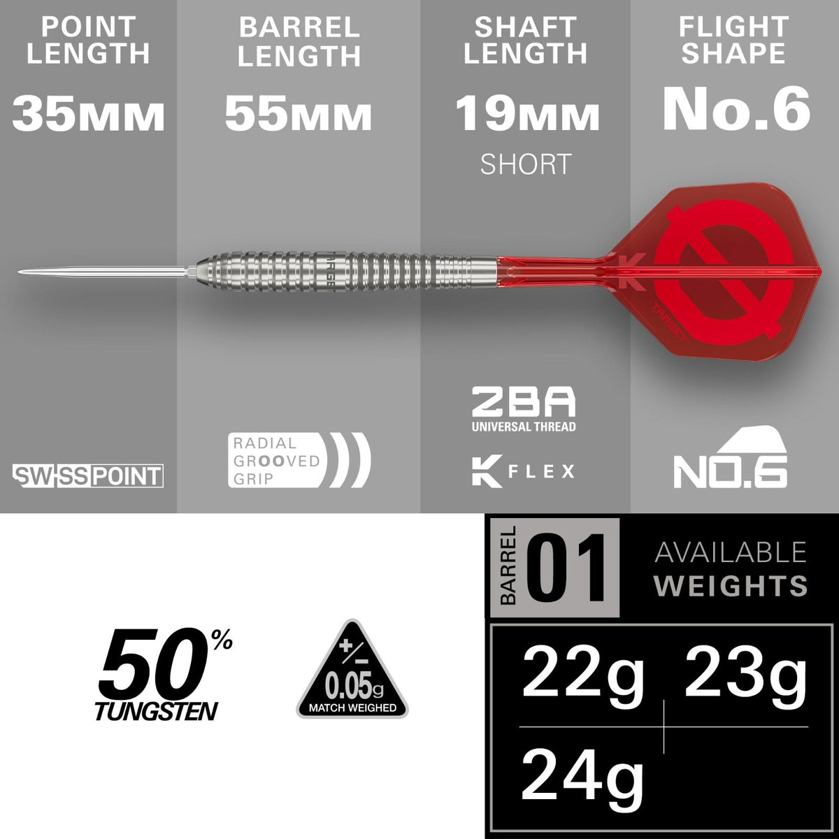 Target Group Ø 50% 01 SP Steel Tip Darts 2026 - measurements