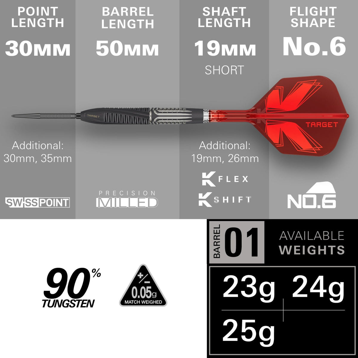 Target Shift 90% SP Steel Tip Darts 2026 - measurements