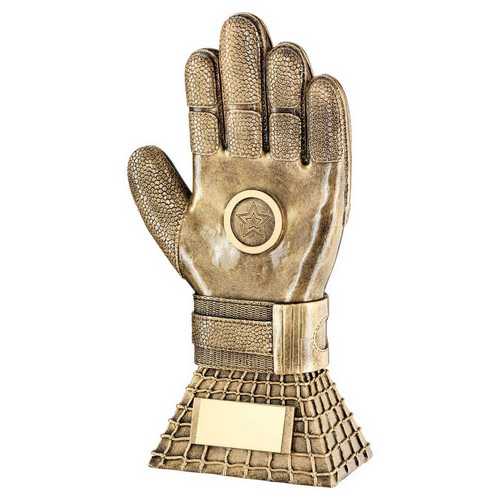 Bronze & gold Football Goalkeeper Glove On Net Base With Plate (1in Centre)