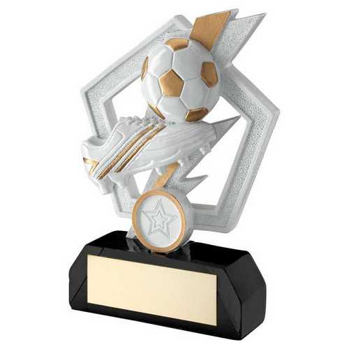 White~gold~blk Football And Boot On Flash Pentagon With Plate (1in Cen)