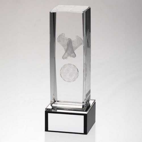 Clear Glass Lasered Football Column On Black Base With Plate