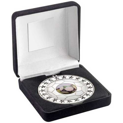 Black Velvet Box And 70mm Football Medal Trophy (1in Centre) Silver