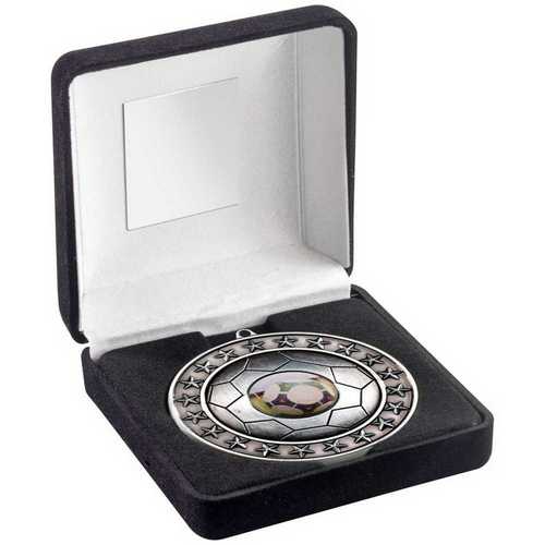 Black Velvet Box And 70mm Football Medal Trophy (1in Centre) Ant Silver