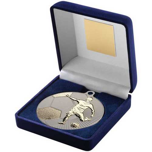 Blue Velvet Box And 70mm Football Medal Trophy Matt Silver & gold