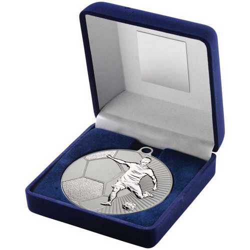 Blue Velvet Box And 70mm Football Medal Trophy Matt Silver & silver