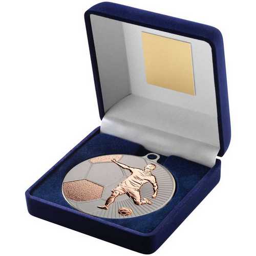 Blue Velvet Box And 70mm Football Medal Trophy Matt Silver~bronze