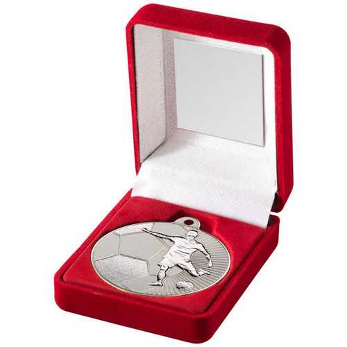 Red Velvet Box And 50mm Football Medal Trophy Matt Silver & silver