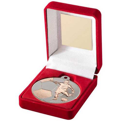 Red Velvet Box And 50mm Football Medal Trophy Matt Silver & bronze