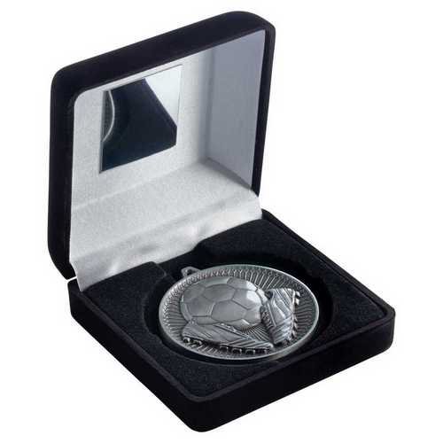 Black Velvet Box And 60mm Medal Football Trophy Antique Silver
