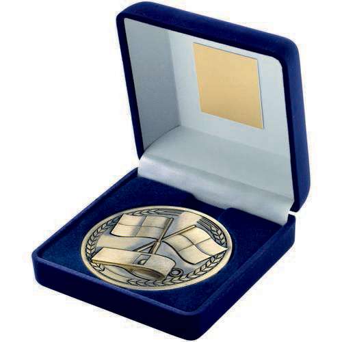 Blue Velvet Box And 70mm Medallion Referee Trophy Antique Gold