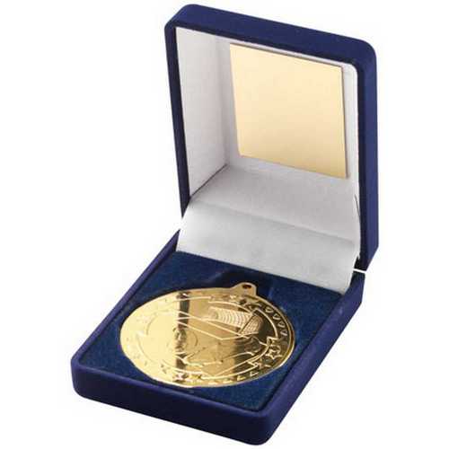 Blue Velvet Box And 50mm Medal Football Trophy Gold