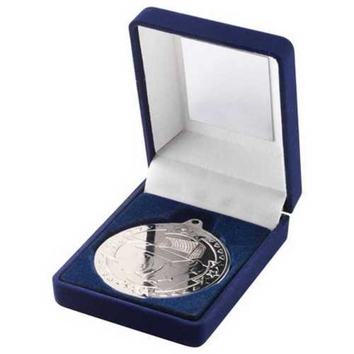 Blue Velvet Box And 50mm Medal Football Trophy Silver