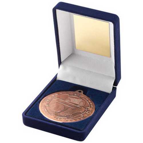 Blue Velvet Box And 50mm Medal Football Trophy Bronze