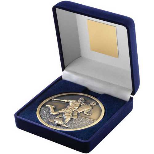 Blue Velvet Box And 70mm Medallion Football Trophy Antique Gold
