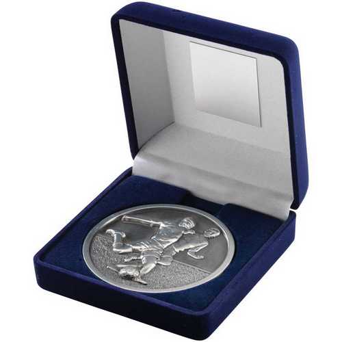 Blue Velvet Box And 70mm Medallion Football Trophy Antique Silver