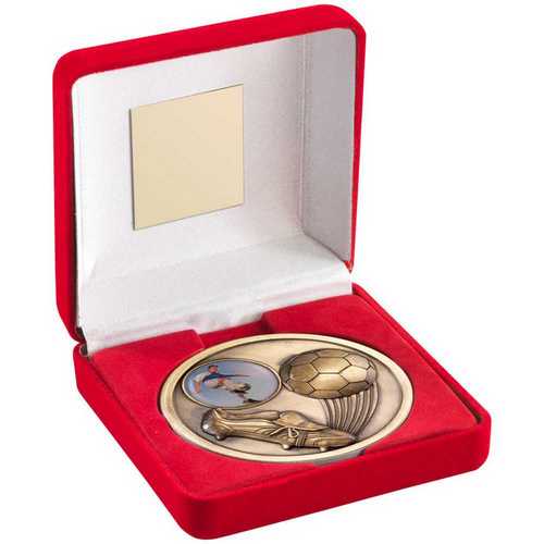 Red Velvet Box And 70mm Medallion Football Trophy (1" Cen) Antique Gold