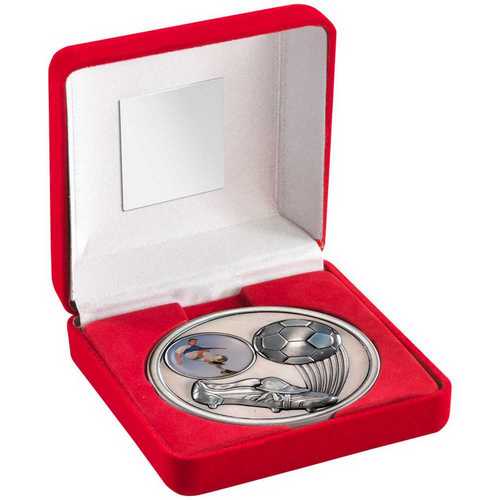 Red Velvet Box And 70mm Medallion Football Trophy (1" Cen) Antique Silv
