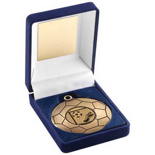 Blue Velvet Box And 50mm Football Medal Trophy Antique Gold (1in Cen)