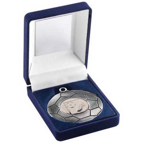 Blue Velvet Box And 50mm Football Medal Trophy Antique Silver (1in Cen)