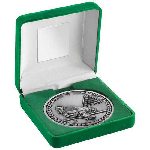 Green Velvet Box And 70mm Medallion Pool & snooker Trophy Antique Silver