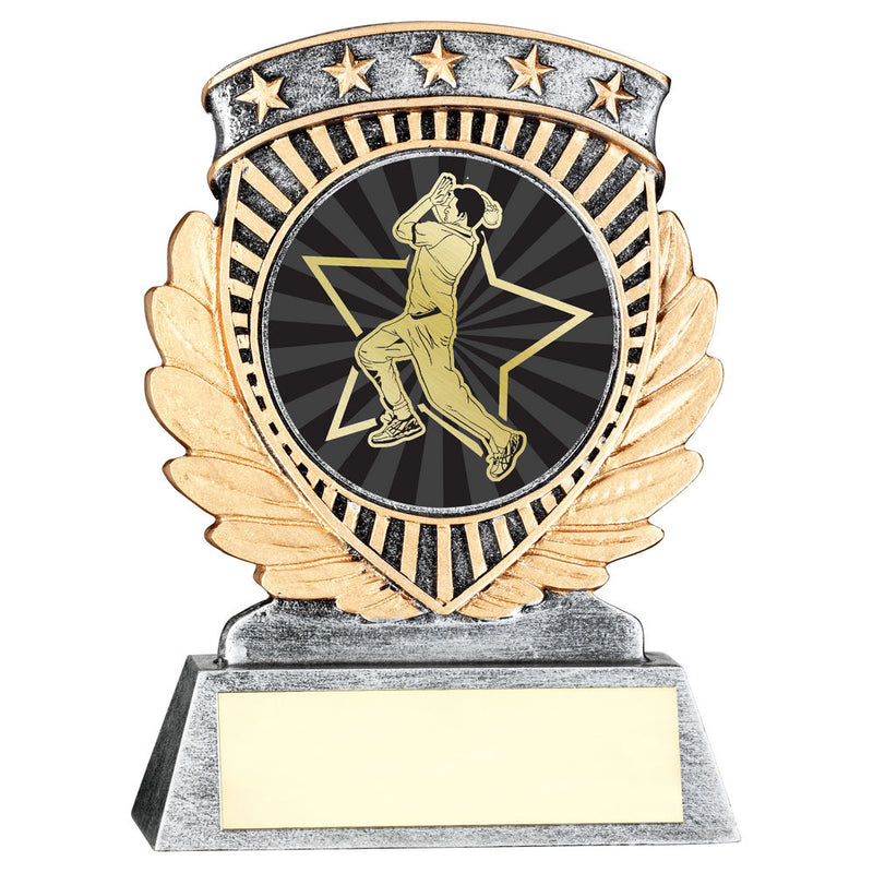 Pewter & gold 5 Star Holder With Vinyl Cricket Bowler Insert & Plate