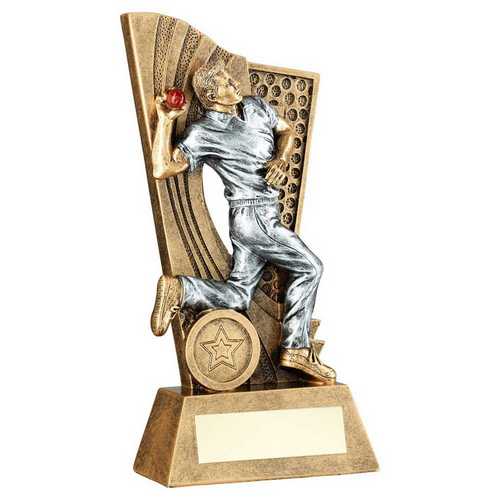Bronze & Pewter & red Male Cricket Bowler On Backdrop With Plate (1in Centre)