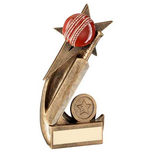 Brz~gold~red Cricket Ball And Bat On Shooting Star With Plate (1in Cen)