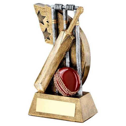 Bronze & Pewter & red Cricket Stumps & bat & ball On Star Swoosh With Plate