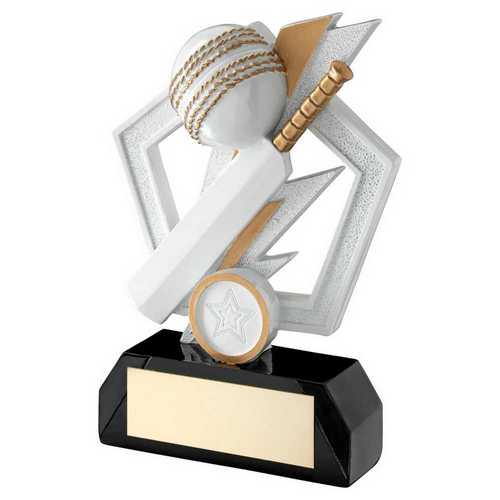 White~gold~black Cricket Bat And Ball On Pentagon With Plate (1in Cen)