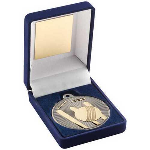 Blue Velvet Box And 50mm Cricket Medal Trophy Matt Silver~gold