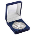 Blue Velvet Box And 50mm Cricket Medal Trophy Matt Silver~silver