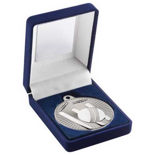 Blue Velvet Box And 50mm Cricket Medal Trophy Matt Silver & silver