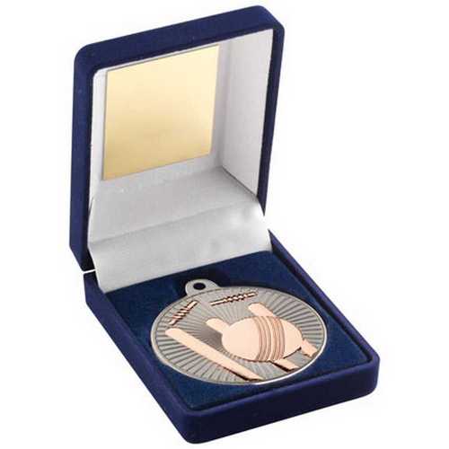 Blue Velvet Box And 50mm Cricket Medal Trophy Matt Silver~bronze
