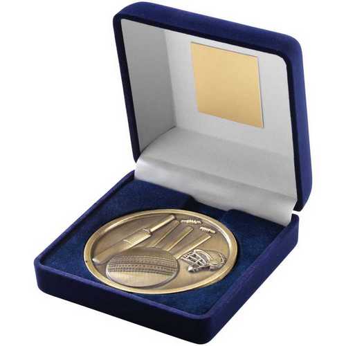 Blue Velvet Box And 70mm Medallion Cricket Trophy Antique Gold