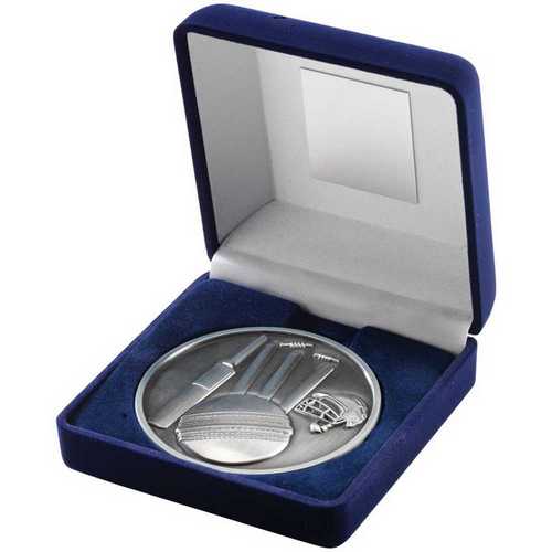 Blue Velvet Box And 70mm Medallion Cricket Trophy Antique Silver