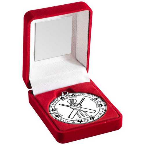 Red Velvet Box And 50mm Medal Cricket Trophy Silver