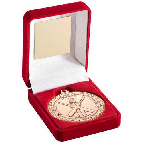 Red Velvet Box And 50mm Medal Cricket Trophy Bronze