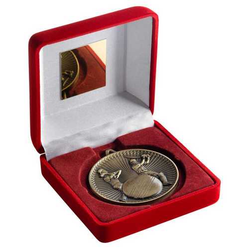 Red Velvet Box And 60mm Medal Cricket Trophy Antique Gold