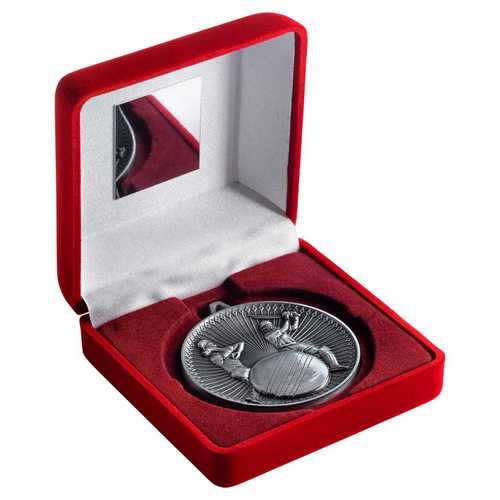 Red Velvet Box And 60mm Medal Cricket Trophy Antique Silver
