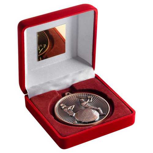 Red Velvet Box And 60mm Medal Cricket Trophy Bronze