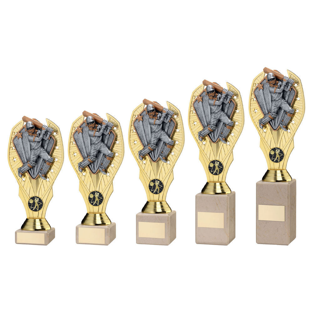 Gold Plastic Holder+cricket Batsman Disc+cream Marble Trophy (1in Cen)